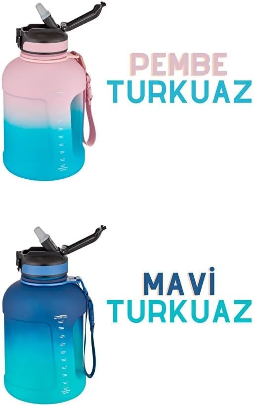 1700ml Çift Renk Pipetli Taşıma Askılı Kulplu Softtouch Motivasyon Su Matarası (Pembe-Mavi)