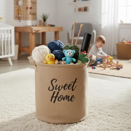" " Yuvarlak Jüt Düzenleyici Sepet (Çap 32cm, Yükseklik 36cm) – Krem Renk Katlanabilir Kumaş Kulplu Organizer | Büyük Boy Oyuncak, Çamaşır, Battaniye ve Ev Tekstili Sepeti