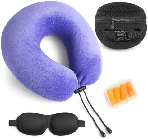 aeris Uçaklar ve Araba için Mor Seyahat Yastığı - Uyku Maskeli Hafızalı Köpük Boyun Yastığı, Kulak Tıkaçları, Taşıma Çantası, Ayarlanabilir Geçişler, Makinede Yıkanabilir Kadife Kapak, Mor