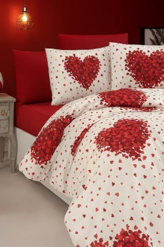 %70 Pamuklu Çift Kişilik Nevresim Takımı Yorgan Kılıfı Seti + Lastikli Çarşaf +2 Yastık Kılıflı-KALP DESEN
