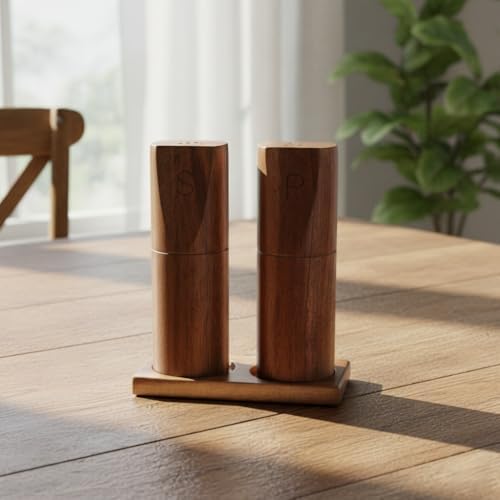 %100 Doğal Akasya Ahşap Tuzluk Biberlik Seti | Full Ahşap Standlı 2'li Baharatlık | Kırılmaya Dayanıklı ve Sağlıklı Sofra Takımı