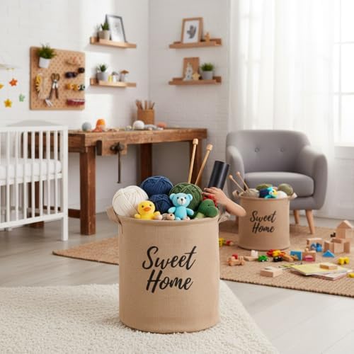 " " Yuvarlak Jüt Düzenleyici Sepet (Çap 32cm, Yükseklik 36cm) – Krem Renk Katlanabilir Kumaş Kulplu Organizer | Büyük Boy Oyuncak, Çamaşır, Battaniye ve Ev Tekstili Sepeti