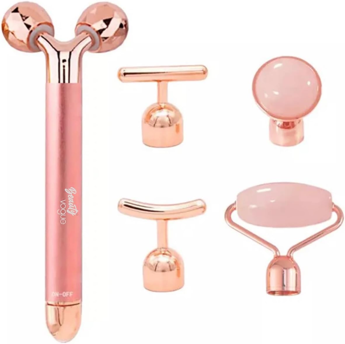 Beauty Vogue 3D Yüz Masaj Silindiri, 5 Başlıklı, Rose Quartz Titreşimli Cilt Bakım Cihazı, Profesyonel