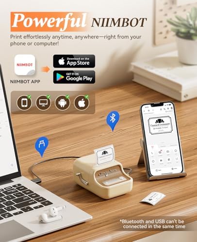 B21 etiket yazıcısı, 1 rulo başlangıç bandı, Bluetooth kendinden yapışkanlı etiketleme cihazı, yazdırma cihazı, baskı boyutu 20 – 50 mm, iOS ve ile uyumlu, ev, ofis için (bej)