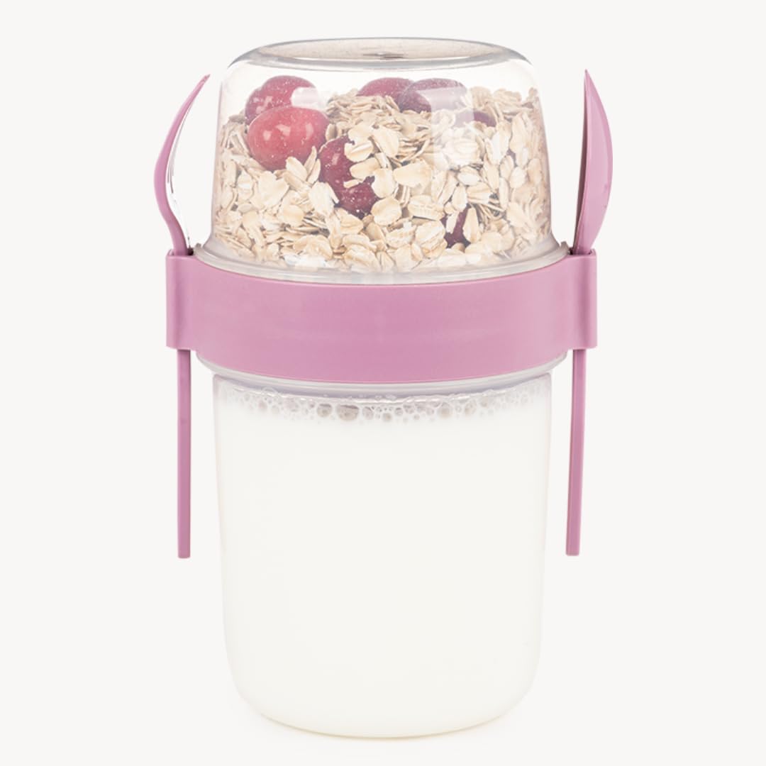 650 ml -go Kaşıklı Hazneli Meyveli Müsli Kabı Piknik Iş Yoğurt Süt Bardağı Kapaklı ve Kaşıklı Kahvaltı Bardakları, Tahıl Tepesi Yulaf Ezmesi Granola (Pembe)
