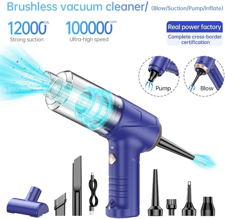 Araba Süpürgesi Dahili Işıklı Taşınabilir Kablosuz, Şarj Edilebilir Süpürge, 18000 PA Yüksek Güçlü Fırçasız Motor, 4000mAh, Ev, Ofis, Bilgisayar için Çoklu Başlıklı LT-145 Lacivert