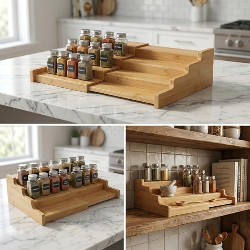 4 Basamaklı Genişletilebilir Bambu Baharatlık Standı - Çekmece İçi ve Tezgah Üstü Açılır Kapanır Düzenleyici Raf - Mutfak, Banyo ve Makyaj Organizeri (32.5x21.5 cm)