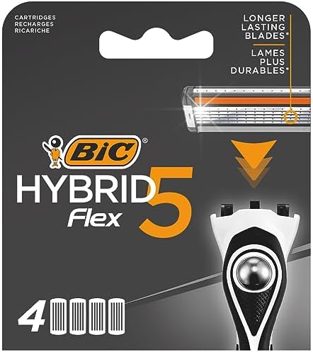 BIC Hybrid 5 Flex 4'lü Yedek Tıraş Bıçağı Kartuşu (5 Bıçak), 5 Nano Teknolojik Titanyum Bıçak, E Vitamini ile Zenginleştirilmiş Geniş Kayganlaştırıcı Bant