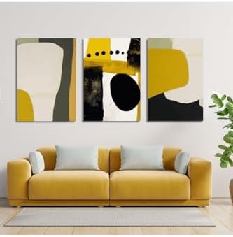 3'lü Kanvas Duvar Tablosu Seti Sarı ve Haki Asimetrik Şekiller 40 x 60 gartNM1819
