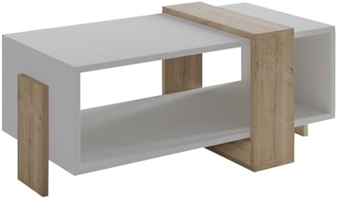 Alternative view of Orta Sehpa – 90 cm Modern Tasarım – Raflı, Beyaz/Safir Meşe