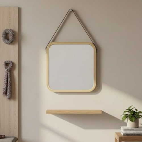 Alternative view of Askılı Ahşap Çerçeveli Kare Ayna 32x42 cm – Deri Askılı Duvar Aynası, Modern Minimal Dekoratif Ayna, Antre Banyo Yatak Odası İçin