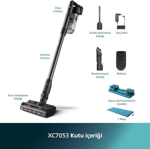 7000 Serisi Aqua 25.2 V Kablosuz Dik Süpürge, PowerCyclone 12, TriActive Akıllı Başlık, 80 dk'ya kadar Çalışma Süresi, 3 Aşamalı Filtreleme, XC7053/01