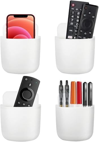 uzaktan kumanda tutucu, duvara monte telefon askısı 4 adet gri, yapışkanlı düzenleyici ve kalemlik, ofis ev ve okul için delmesiz şarj portlu kalem kutusu, düzenli saklama ünitesi