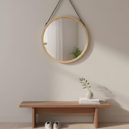 Ahşap Çerçeveli Yuvarlak Duvar Aynası 40 cm – Askılı Halatlı, Modern Minimal Dekoratif Ayna