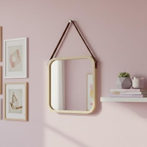 Askılı Ahşap Çerçeveli Kare Ayna 32x42 cm – Deri Askılı Duvar Aynası, Modern Minimal Dekoratif Ayna, Antre Banyo Yatak Odası İçin - Görsel 4