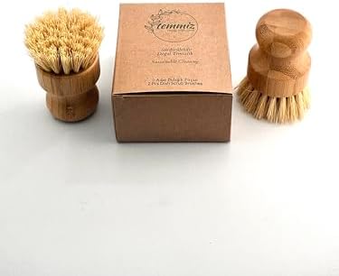 2'li Küçük Bulaşık Fırçası, Ergonomik Bambu Tutma Kısmı, Sisal Lifi Fırça, Güçlü Sürdürülebilir Doğal Temizlik