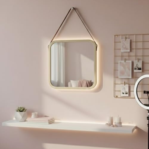 Askılı Ahşap Çerçeveli Kare Ayna 32x42 cm – Deri Askılı Duvar Aynası, Modern Minimal Dekoratif Ayna, Antre Banyo Yatak Odası İçin