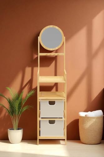 Bambu Aynalı 2 Çekmeceli Banyo Düzenleyici 2 Raflı Şifonyer Makyaj Organizeri DB-0035