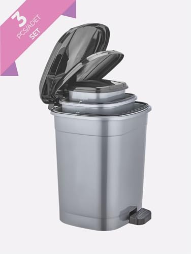Çöp Kovası Seti 3 Adet Pedallı Gri Banyo Mutfak Çöp Kovası Kapaklı Dış Mekan Bahçe Çöp Kutusu 5 Lt + 10 Lt + 20 Lt