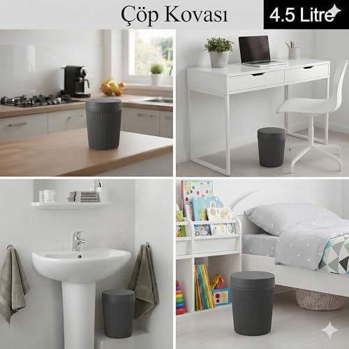 Alternative view of 4.5 Litre Çöp Kovası | Modern Kapaklı Banyo ve Ofis Çöp Kutusu | Küçük Boy Dekoratif Tezgah Üstü Atık Kovası | Mat Çizgili Tasarım (Gri)