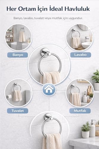 Alternative view of Yuvarlak Havlu Halkası Krom Kaplama, Duvara Monte Yuvarlak Banyo Havluluk, Dayanıklı Metal El Havlusu Askısı, Modern Parlak Krom Tasarım, Paslanmaya Dayanıklı Banyo Aksesuarı