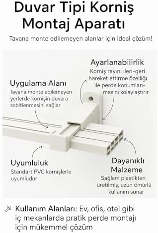 Perde Rayı Korniş L Ayak Montaj Aparatı, Duvara Uyumlu, Ayarlanabilir, 2 ve 3 Raylı Kornişler İçin, Sert Plastik Malzeme, Pratik Montaj (6 Adet)