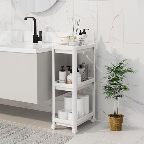 Peggy 3 Katlı Tekerlekli Raf Ünitesi - 36x71x23 cm Dar Alan Düzenleyici - Mutfak ve Banyo İçin Aletsiz Kurulum Servis Arabası (Beyaz - Siyah - Gri) (BEYAZ)