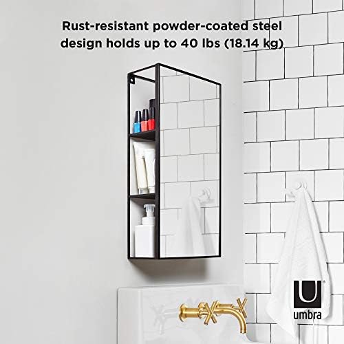 Cubiko 24x12 inç Dikdörtgen Siyah Metal Banyo Aynası Depolama Dolabı 3 Raflı
