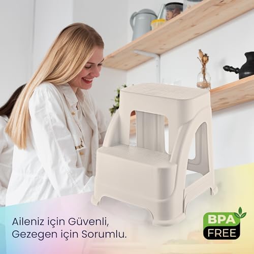 Life Merdivo 2 Basamaklı Büyük Boy Merdiven – Kaymaz Taban, Hafif ve Dayanıklı (Bej)