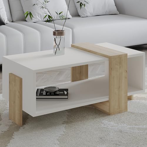 Orta Sehpa – 90 cm Modern Tasarım – Raflı, Beyaz/Safir Meşe