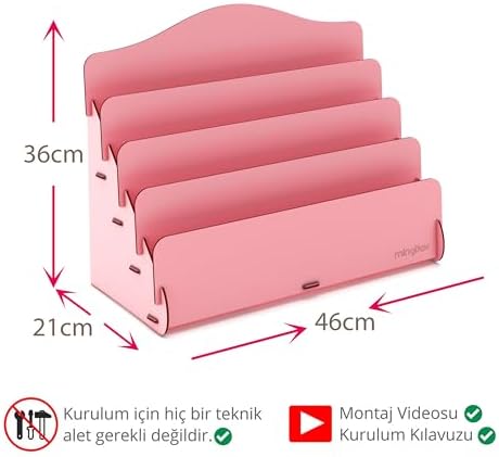 Mini Çocuk Kitaplığı 4 Raflı Ahşap Çocuk Odası Kitaplık Masaüstü Mini Kitaplık (Pembe)