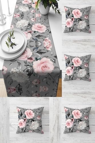 Pelangi Gül Buketi Çiçekli Sardunya Masa Değişik Ranır Modelleri Dekoratif 4'lü Kırlent Kılıfı Seti, gri-pembe 43 x 43