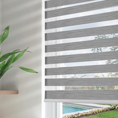 Alternative view of Windows için Akülü Zebra Rulo Tonları, Gri Şeffaf Mini Zebra Panjurlar 34 "W Sürgülü Cam Kapı Penceresi için Çift Katmanlı Işık Filtreleme