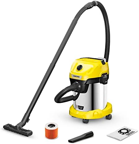WD 3-18 akülü ıslak/kuru elektrikli süpürge, filtre, derz ve ıslak/kuru başlığı dahil, 225 Watt, plastik hazne: 17 l, hortumu: 2 m, pilsiz, şarj cihazı yok, sarı