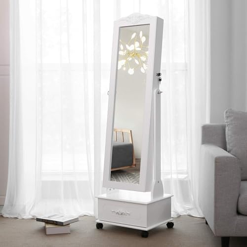 Tekerlekli ve Led Aydınlatmalı Kilitlenebilir Mücevher Dolabı, Beyaz, Jbc61W