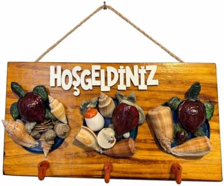 Deniz Kabuklu ve Kaplumbağa Figürlü Ahşap Duvar Anahtarlığı, Hoşgeldiniz Yazılı Dekoratif Askılık, Giriş Holü Kapı Süsü Ev Dekoru. - Görsel 3