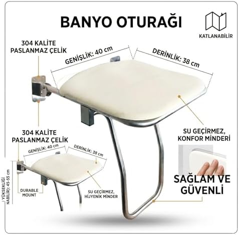 Katlanabilir Engelli Duş Oturağı - 304 Kalite Paslanmaz Çelik, Duvara Monte Yaşlı ve Bedensel Engelli Banyo Taburesi, Duş Oturak - Görsel 3