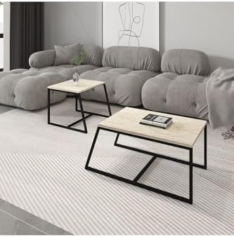 Minimal 2'Li Orta Sehpa Traverten, Bej