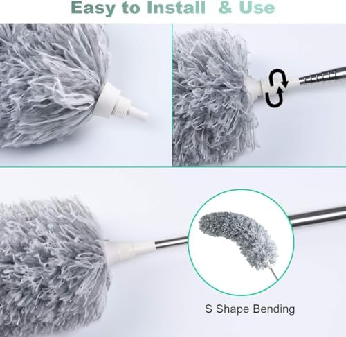 Uzatılabilir Mikrofiber Toz Bezi, Ekstra Uzun 100 inç Teleskopik Sap ve Bükülebilir Başlıklı Tüy Toz Bezi, Yıkanabilir, Yüksek Tavan Vantilatörlerini, Arabaları, Panjurları, Örümcek Ağını