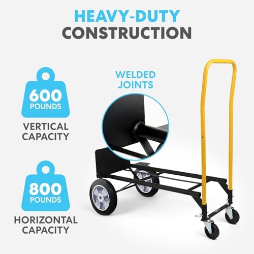Simpli- 800lbs Kapasite 2'si 1 Arada Dönüştürülebilir El Kamyonu ve Dolly, 10 "Düz Serbest Lastik Tekerlekler, Sarı Saplı Siyah.