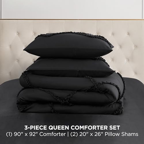 Couture Yorgan Seti - Fırfır 3 Parça Makinede Yıkanabilir Ters Çevrilebilir Yatak Yorgan Seti, Siyah - Görsel 2