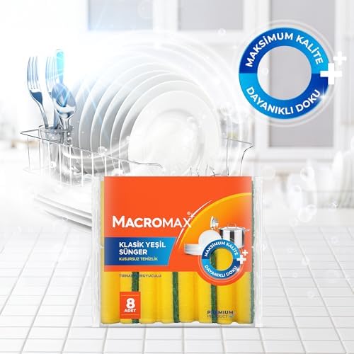 Macro Max Tırnak Koruyuculu Bulaşık Süngeri 8’li Paket – Ergonomik Yeşil Klasik Sünger