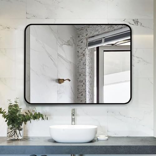 JISOSO Siyah Banyo Aynası 40X75 cm, Duvar için Siyah Metal Çerçeveli Ayna, Temperli Camlı Yuvarlak Dikdörtgen Mat Banyo Vanity Aynası, Paslanma Önleyici, Yatay/Dikey - Görsel 3