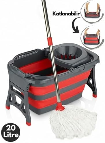20 Litre Katlanabilir Mop ve Kovası - Temizlik Kovası - Paspas ve Kova - Ev Tipi Moplar ve Kova Setleri - Kırmızı (Kırmızı)