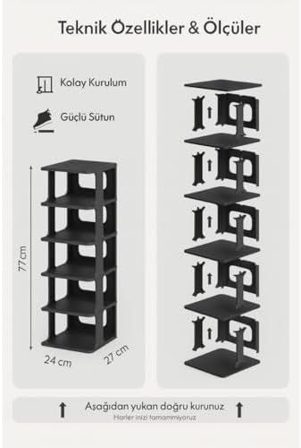 Siyah 5 Katlı – Plastik Çok Katlı Ayakkabı Düzenleyici, Portatif ve Dayanıklı Ayakkabı Rafı, Kolay Kurulum – 77x27x24 cm