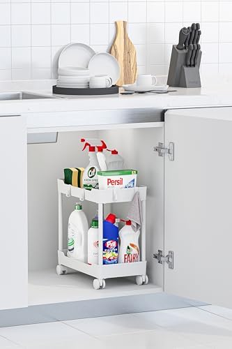 Beyaz 2 Katlı Tekerlekli Düzenleyici Mutfak ve Banyo Rafı