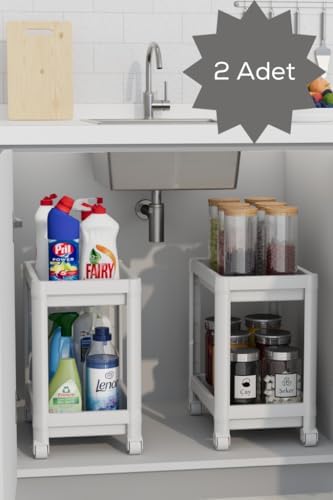 Life 2 Adet 2 Katlı Tekerlekli Tezgah Altı Beyaz Banyo Mutfak Rafı MIT1120
