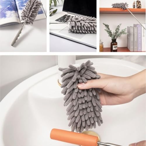 3 Başlıklı Teleskopik Mikrofiber Toz Alma Seti - 205 cm Uzayan Saplı, Esnek Bükülebilir Tavan ve Ulaşılması Zor Alan Temizlik Aparatı (Püskül, Makarna, Düz Başlık)