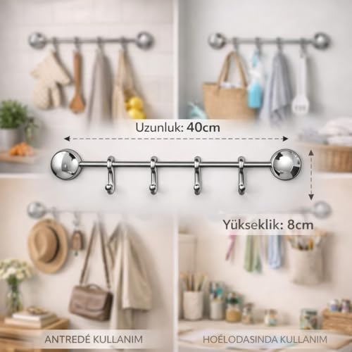 Alternative view of PASLANMAZ ÇELİK 4’LÜ DUVAR ASKISI, VE MUTFAK İÇİN HAVLU, BORNOZ VE KIYAFET ASKI APARATI, KROM KAPLAMA, METAL DUVAR MONTAJLI 4 KANCALI ASKILIK, MUTFAK KORİDOR İÇİN ÇOK AMAÇLI HAVLU VE CEKET