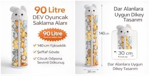 Alternative view of Peluş Oyuncak Saklama Tüpü, Fermuarlı, Tekerleksiz, Şeffaf Silindir Organizatör, (140 cm Beyaz, Tavşan)